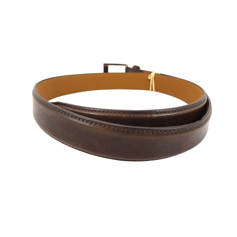 Leather Dress Belt Mens 34 Dark Brown Excellent Brushed Silver Buckle Classic